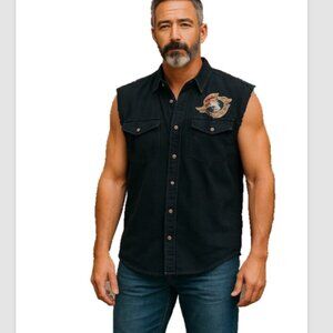 Men's Sleeveless Biker Denim Shirt Black Sz L Spring Rally Myrtle Beach Fringe